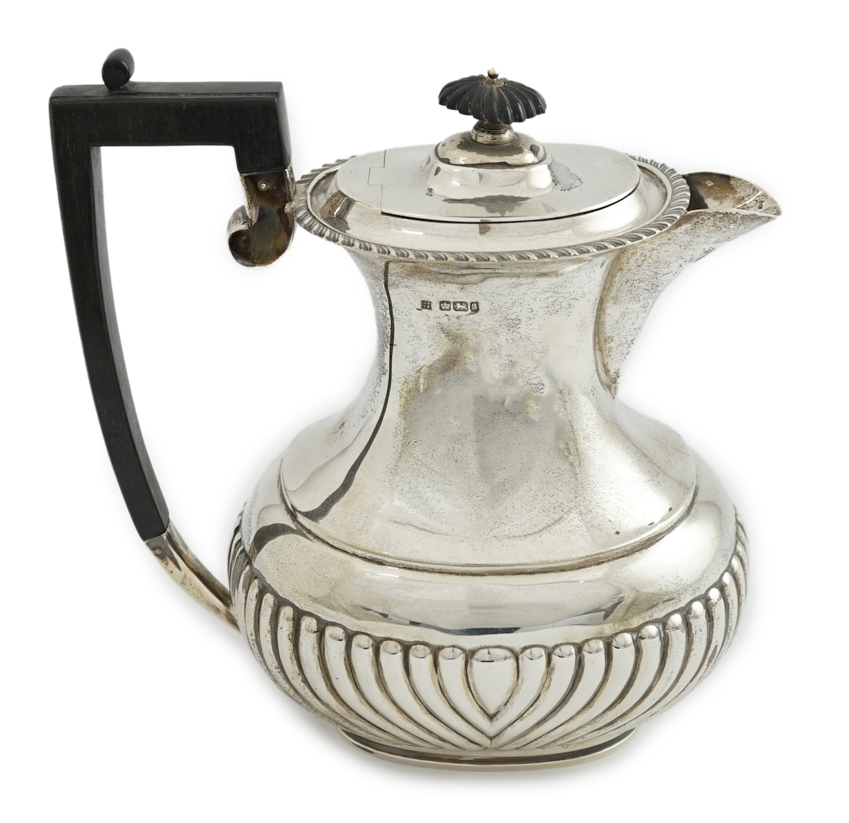 A late Victorian demi fluted silver oval coffee pot, by Fordham & Faulkner